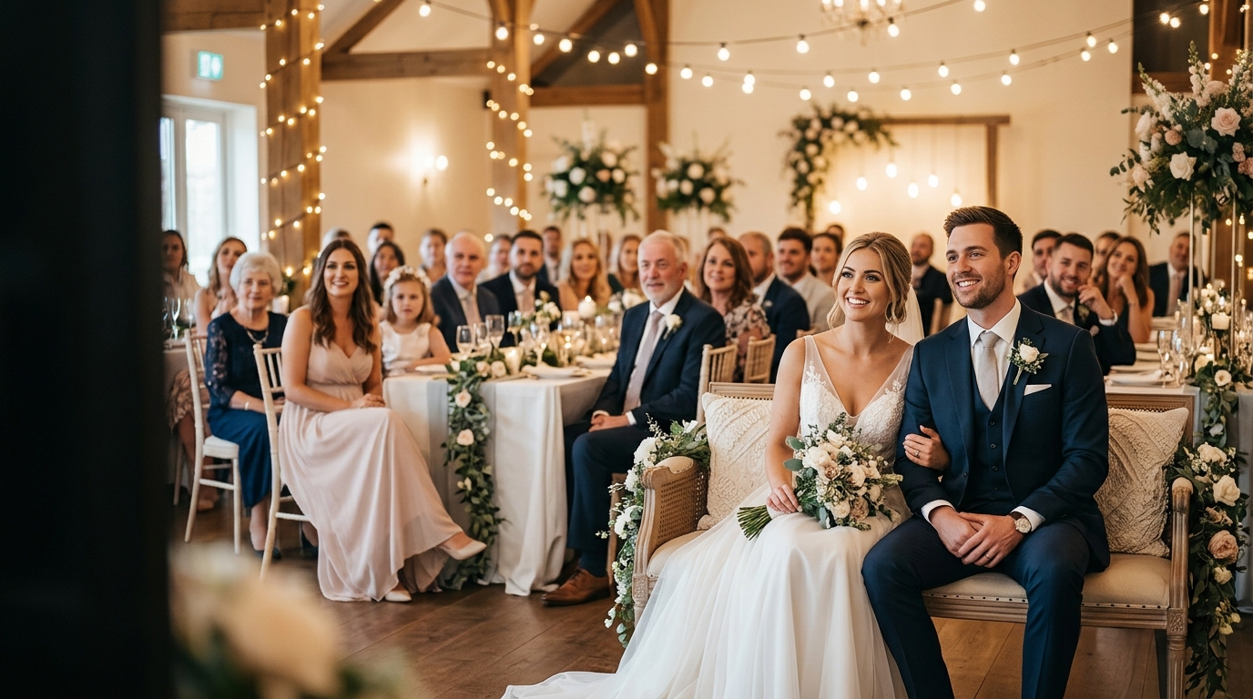 Bride and Groom watching video preview at wedding reception